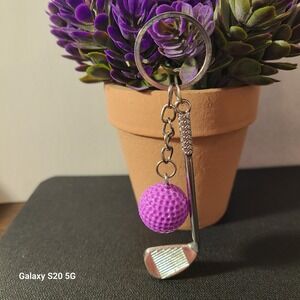 Purple Golf Ball & Club Keychain, Sports Keyring, Novelty Bag Charm, Women NWOT